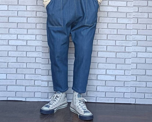 岡山 デニムブルーデニムサルエルパンツ ／ストレッチ／ 選べる