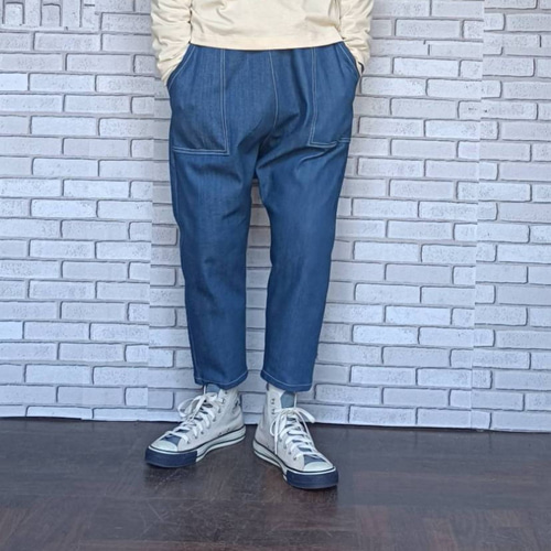 岡山 デニムブルーデニムサルエルパンツ ／ストレッチ／ 選べる