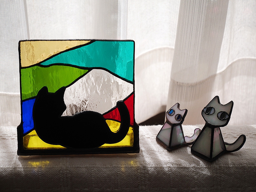 ステンドグラス　ネコ パネル 置き飾り