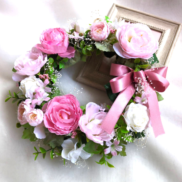 ダリアと薔薇の春夏リース☆玄関リース☆造花リース☆アーティ