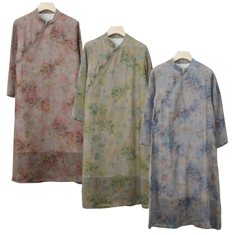 チャイナドレス風プリントリネンワンピース　裏地付きリネン長袖ワンピース　3色　M-2XLサイズ　L574