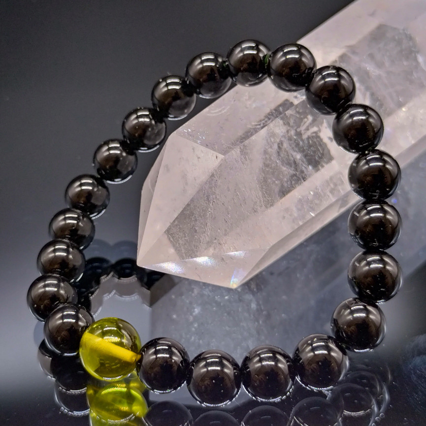 モリオン・グリーンアンバー・8mm(親玉10mm)・【高品質・鑑別済み】ブレスレット