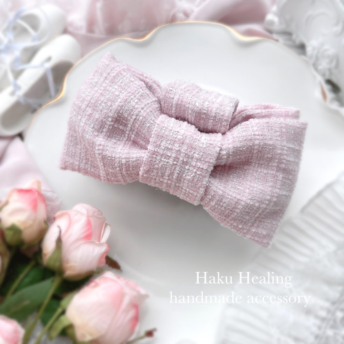 ピンクツイード 生地から作った バンスクリップ 大きめ リボン ヘア