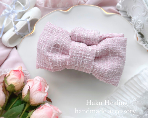 ピンクツイード 生地から作った バンスクリップ 大きめ リボン ヘア