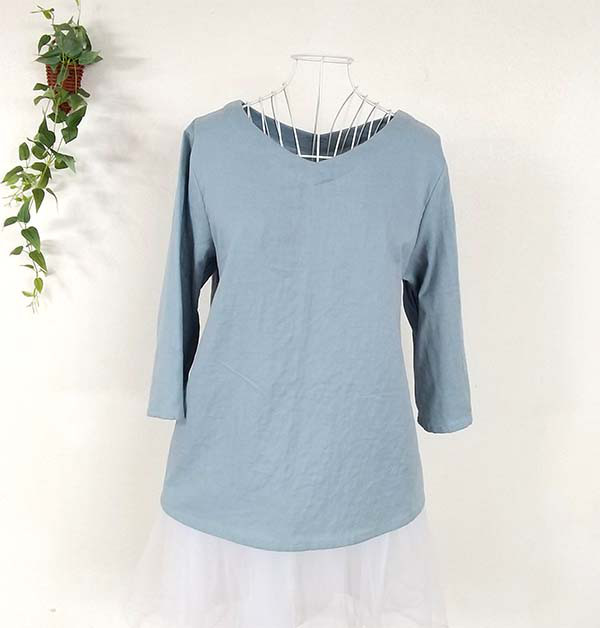 Vネックブラウス国産綿100％ガーゼ使用　Ｌ　グレーブルー