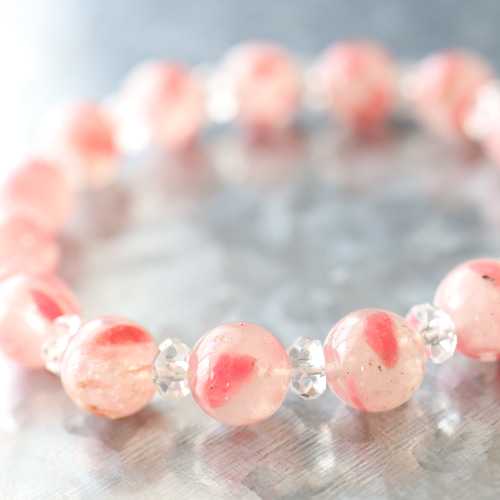 ☆希少石☆…☆ピンクトルマリンシリカ：9.5ミリ＆水晶☆…☆天然石 