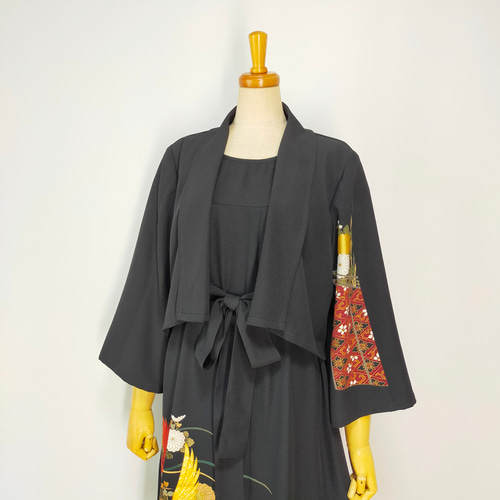 ★黒留袖アンサンブル*フレンチワンピ+ボレロ*着物リメイク正絹作家*2L〜3L㉚ 黒留袖アンサンブル*フレンチワンピース+ショールカラーボレロ*リボン