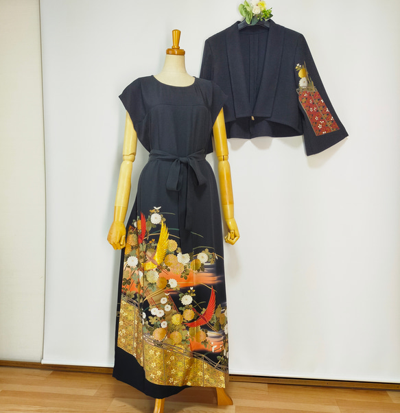 ★黒留袖アンサンブル*フレンチワンピ+ボレロ*着物リメイク正絹作家*2L〜3L㉚ 黒留袖アンサンブル*フレンチワンピース+ショールカラーボレロ