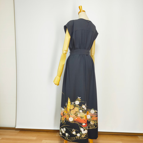 ★黒留袖アンサンブル*フレンチワンピ+ボレロ*着物リメイク正絹*作家*L〜2L㉝ 黒留袖アンサンブル*フレンチワンピ+長袖ボレロ*リボン付き*着物