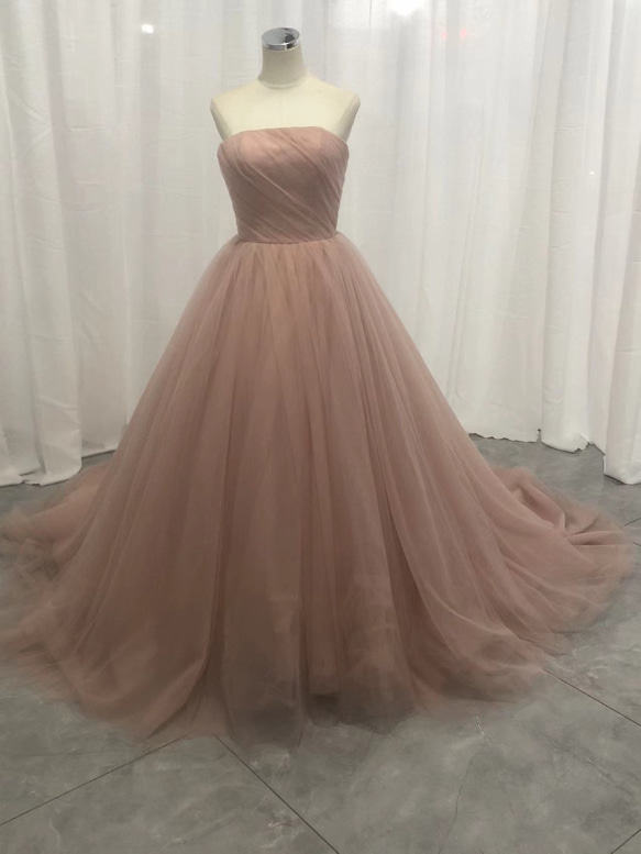 カラードレス ピンク ベアトップ ソフトチュール ファスナー 披露宴  
