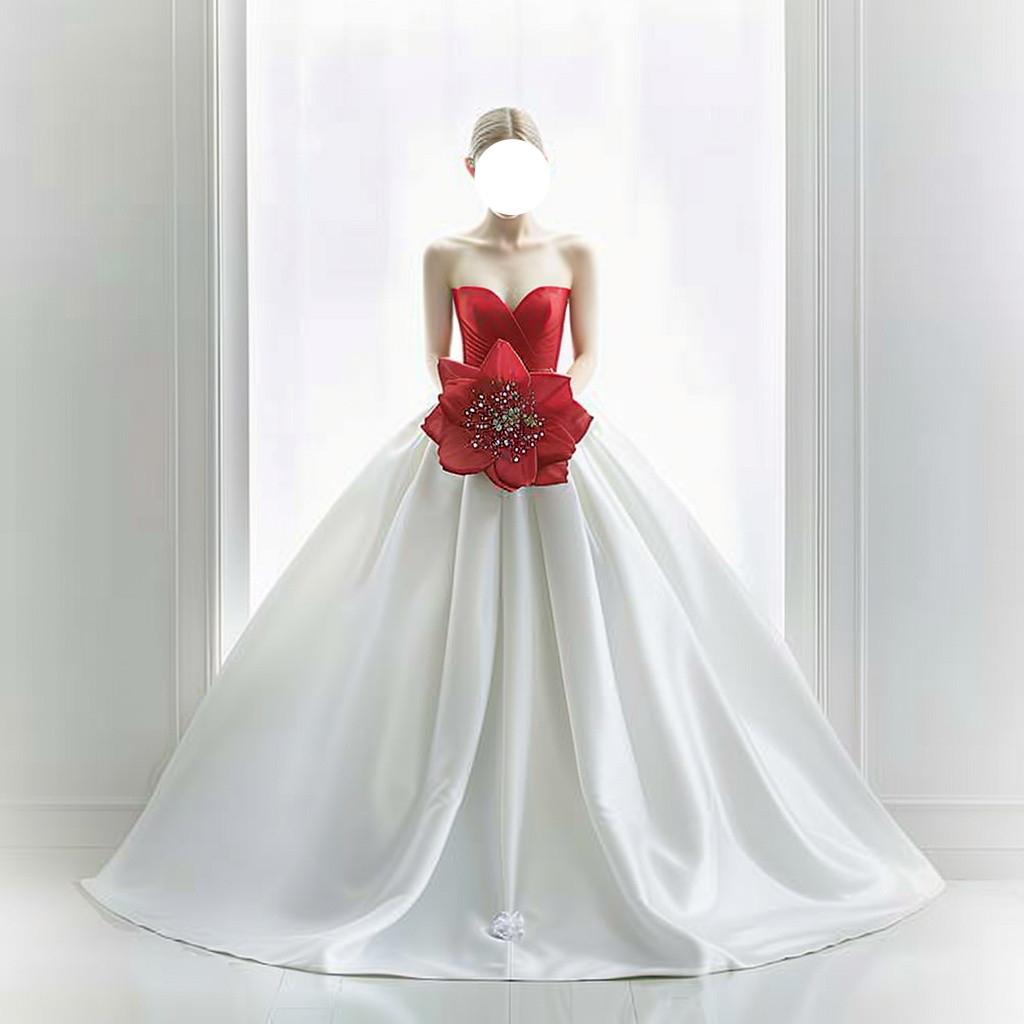 カラードレス  赤ｘオフホワイト　サテンドレス　ベアトップ　ロング丈　パーティー　結婚式　前撮り　二次会　結婚式 披露宴