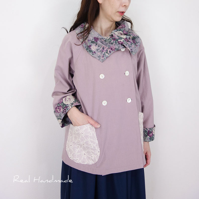 [予約販売] トリプルワッシャー万葉木綿くすみピンク襟クシュジャケット☆セットアップにもなります