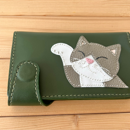 猫好きが作った招き猫の長財布 グレー白ハチワレ猫 手縫い 送料無料 長