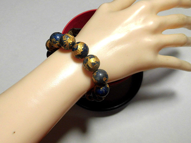 天然石 ラピスラズリ青龍13.3～14.2mm玉ブレスレット 内周17.6cm 　　250720096