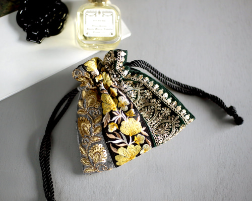 インドブレードミニ巾着ポーチ 刺繍 スパンコール イエロー グリーン