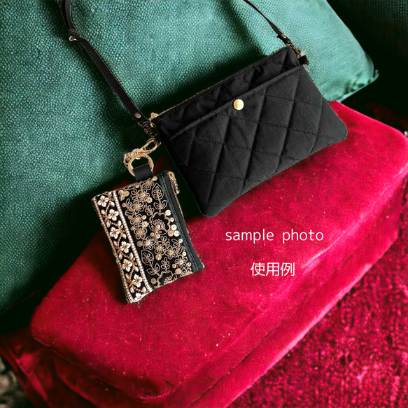 エメラルドグリーン/インド刺繍×帆布★キーホルダー付きフラットポーチ/マルチケース 8枚目の画像