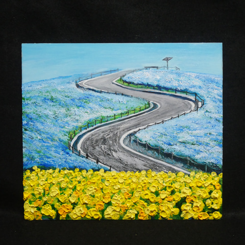 油絵 油彩 油彩画 絵 絵画 【ネモフィラと菜の花の道】 絵画 HR 通販