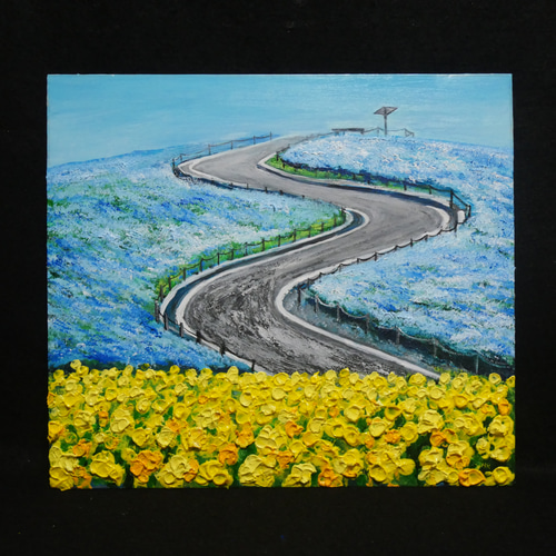 油絵 油彩 油彩画 絵 絵画 【ネモフィラと菜の花の道】 絵画 HR 通販