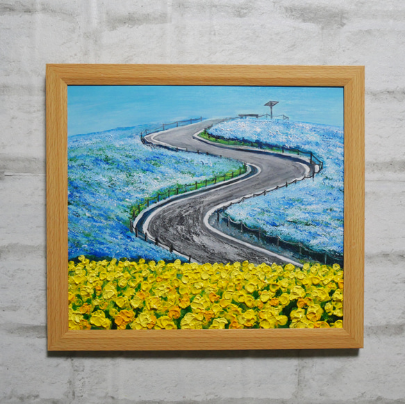 油絵 油彩 油彩画 絵 絵画 【ネモフィラと菜の花の道】