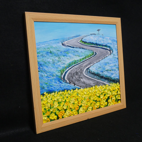 油絵 油彩 油彩画 絵 絵画 【ネモフィラと菜の花の道】 絵画 HR 通販