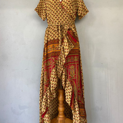 美品 インド製 シルク100% ロングワンピース サリーリメイク風 エスニック No.06】インドサリー生地リメイク◎カシュクールkimonoワンピース
