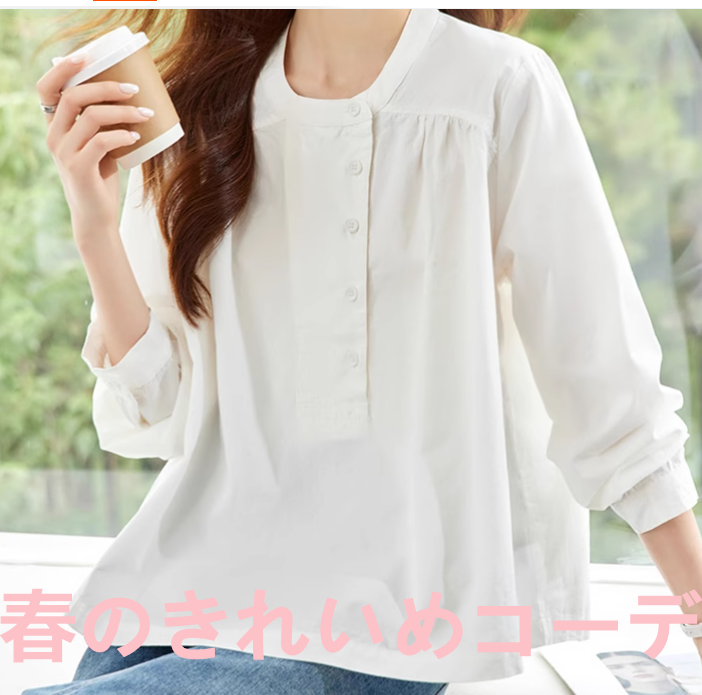 長袖シャツ女性のデザイン感小衆2025春新ラウンドネック韓国版ゆったりカジュアルシャツシックトップス