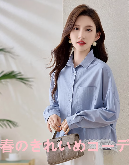 シャツ長袖減齢ゆったり女性用開襟レースレースパッチワークミニコートトップス2025春新作