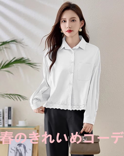 シャツ長袖減齢ゆったり女性用開襟レースレースパッチワークミニコートトップス2025春新作