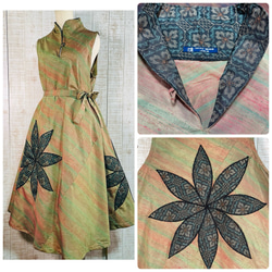 作家物＊箔置き茶辻模様正絹黒留袖ワンピースM～L＆ギャザーストール