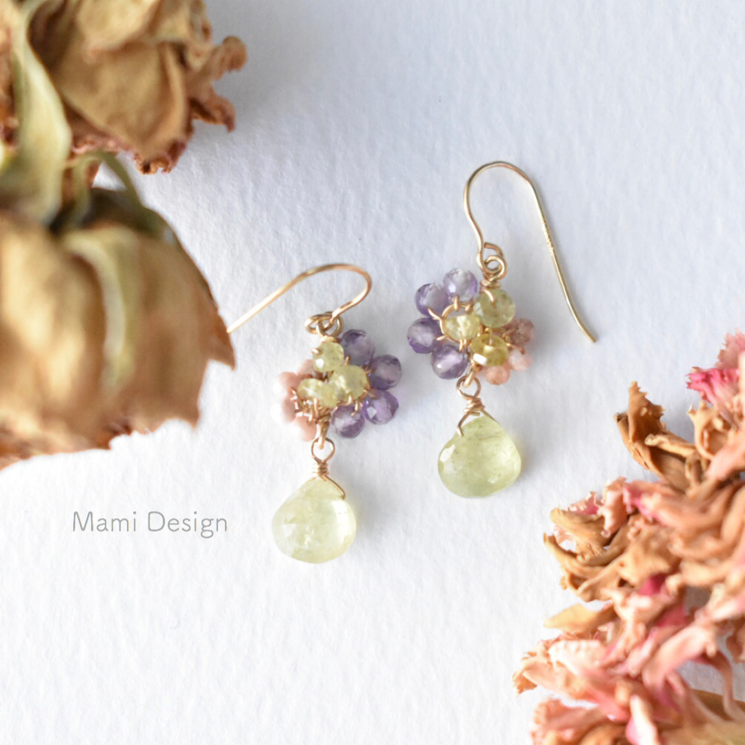 14KGF グロッシュラーガーネットとアメジストのピアス