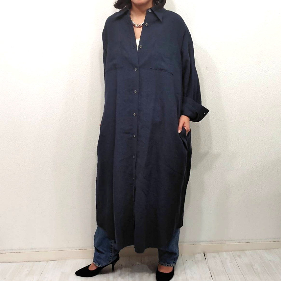 【追加】リネン100%ロングシャツワンピース　リネン　シャツワンピース　体型カバー　羽織　ネイビー