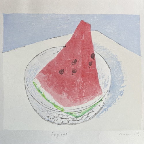 スイカ大✨ 手作り額付き銅版画作品 title「見つめるキャッツ」 中林貴山作