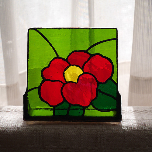 ステンドグラス　椿モチーフのパネル ステンドグラス 椿モチーフのパネル(スタンド付) その他アート