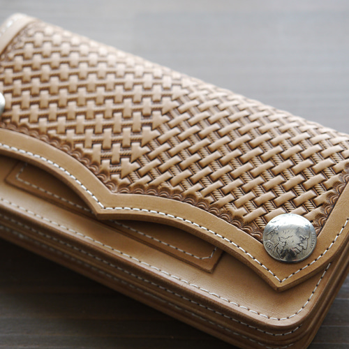 1点物)トラッカーウォレット・バスケットスタンプ 昭南皮革 ヌメ革 本