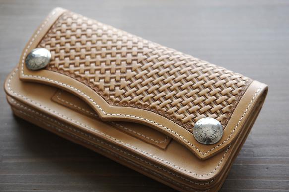 1点物)トラッカーウォレット・バスケットスタンプ 昭南皮革 ヌメ革 本