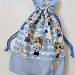 送料無料 入園入学3点セット ギンガムチェックブルーフリル 上靴いれ