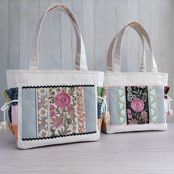 春夏のトートバッグ（生成＆グレー）★グリーン系パッチワークと刺繍リボン★【Creema限定2025】残り1点B 1枚目の画像