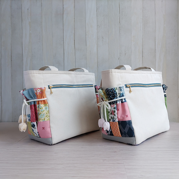 春夏のトートバッグ（生成＆グレー）★グリーン系パッチワークと刺繍リボン★【Creema限定2025】残り1点B 8枚目の画像