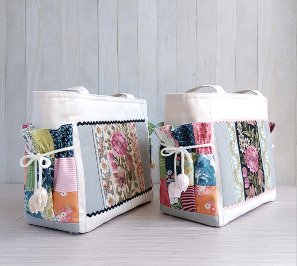 春夏のトートバッグ（生成＆グレー）★グリーン系パッチワークと刺繍リボン★【Creema限定2025】残り1点B 7枚目の画像