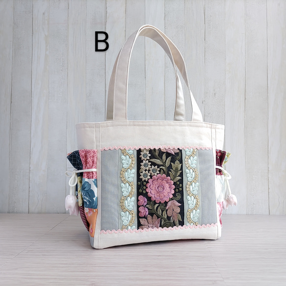 春夏のトートバッグ（生成＆グレー）★グリーン系パッチワークと刺繍リボン★【Creema限定2025】残り1点B 3枚目の画像
