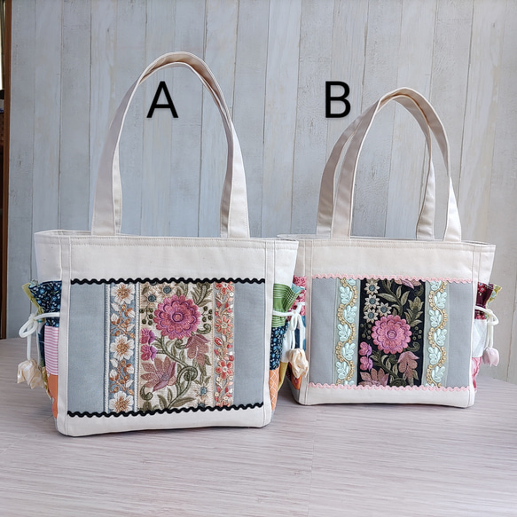 春夏のトートバッグ（生成＆グレー）★グリーン系パッチワークと刺繍リボン★【Creema限定2025】残り1点B 2枚目の画像