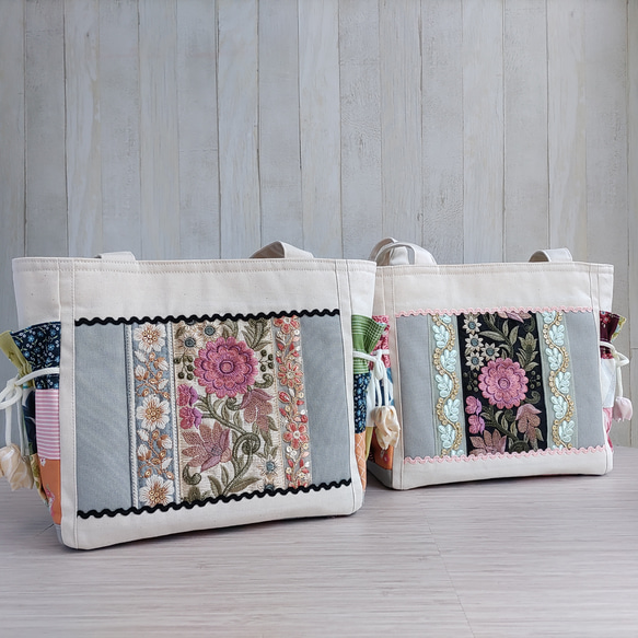 春夏のトートバッグ（生成＆グレー）★グリーン系パッチワークと刺繍リボン★【Creema限定2025】残り1点B 19枚目の画像