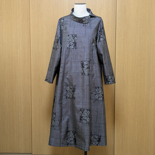 LL 着物リメイク 正絹 大島紬 青 提灯袖ゆったりワンピース 7マルキ【正絹 大島紬】LL～3L Aラインワンピース 着物リメイク 2122