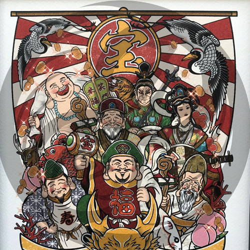 招福 吉祥画 和風イラスト 3作品セット A4 フレーム付き｜尾九 絵画