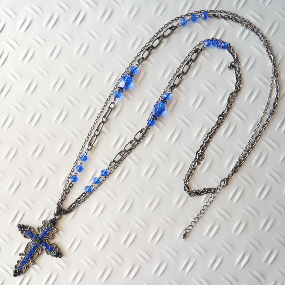 ブルー クリスタル ストーン クロス ネックレス 青 サファイア