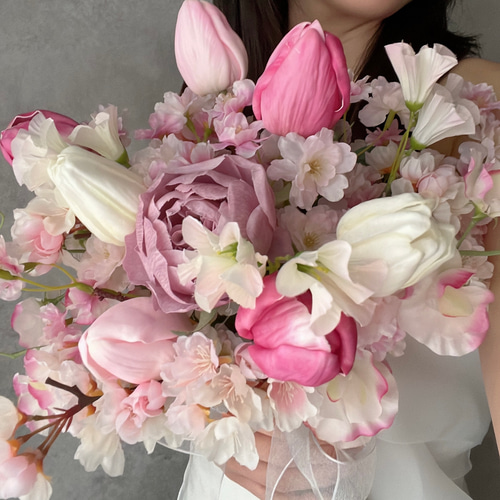 ウェディングブーケ アーティフィシャルフラワー 桜 チューリップ ピンク 即納品可能】ピンクブーケ/桜ブーケ/チューリップブーケ