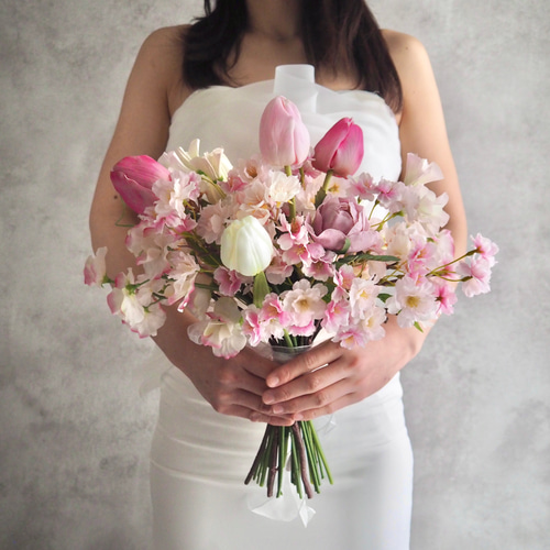 ウェディングブーケ アーティフィシャルフラワー 桜 チューリップ ピンク ウェディングブーケ アーティフィシャルフラワー 桜 チューリップ