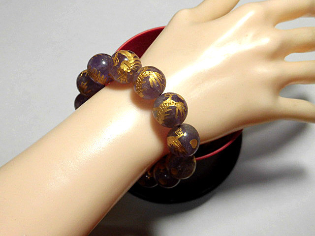 天然石 アメジスト青龍15.3～16.2mm玉ブレスレット 内周18.3cm 　　250720100