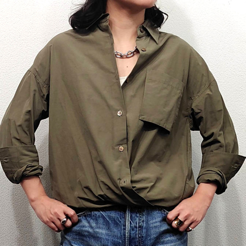 ナイロン前開きシャツ】秋服 シャツ 羽織 日本製 カーキ カシュクール