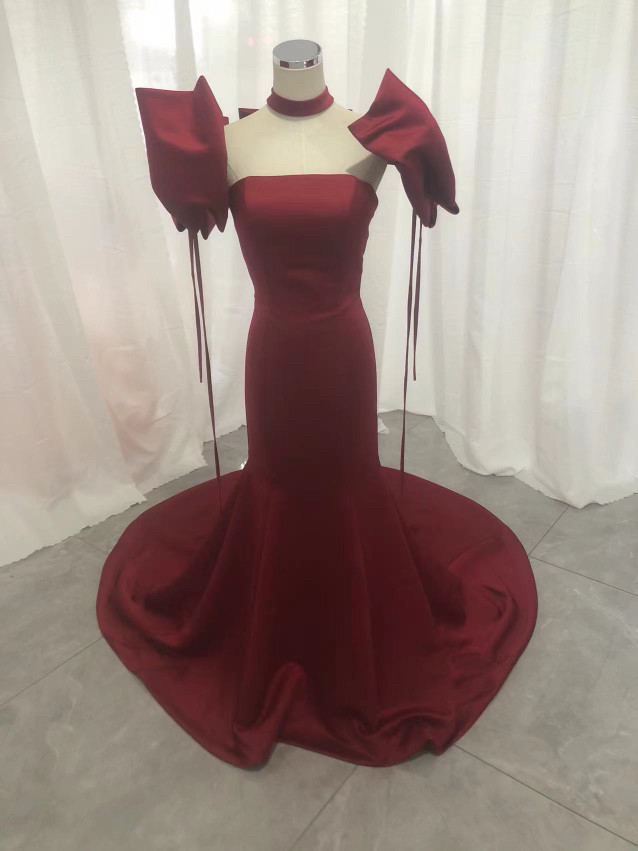 高品質！パーティードレス　ボルドー色　マーメイドライン　セクシー　カラードレス　2次会 前撮り 花嫁 挙式